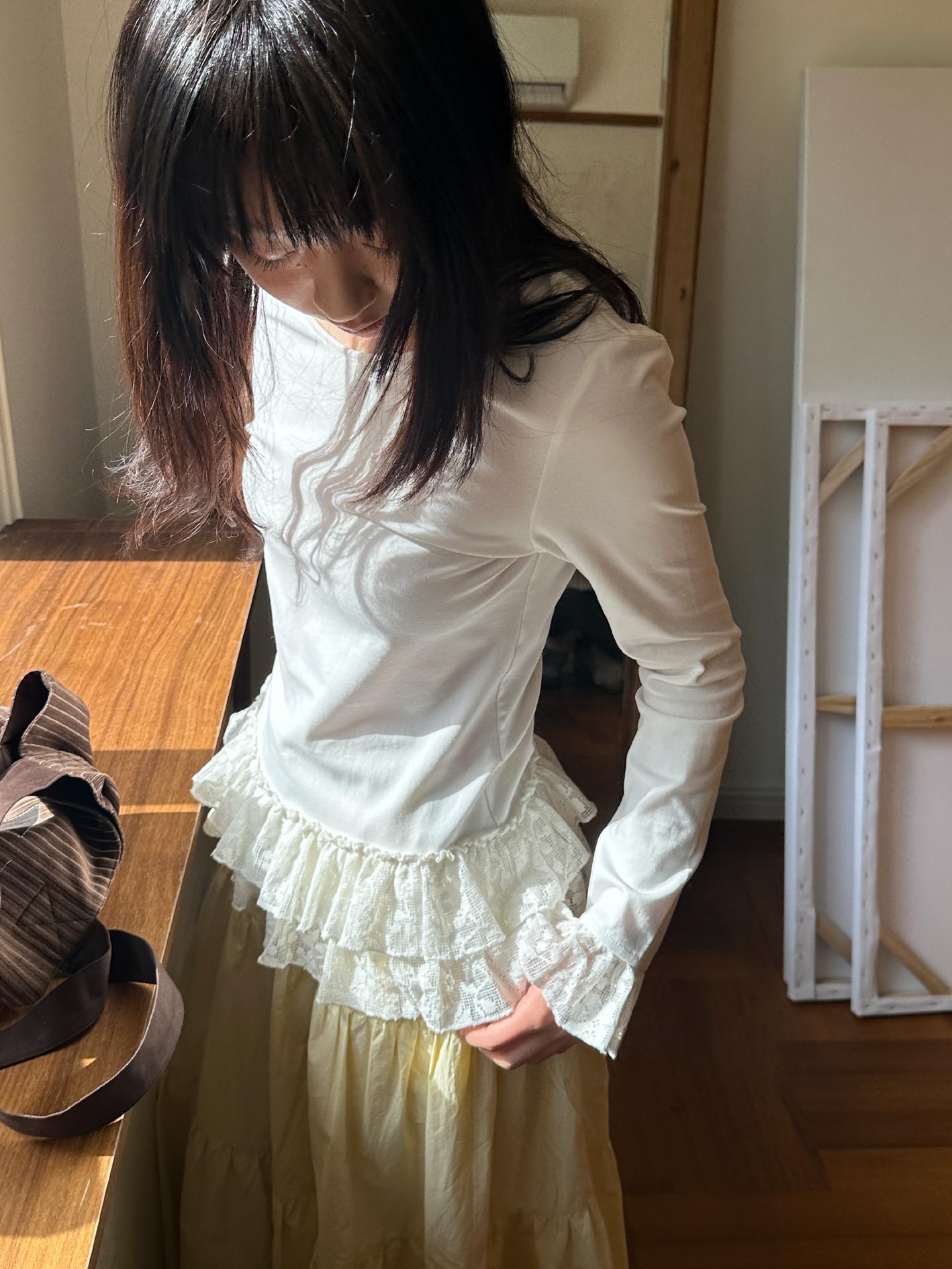 Pearl Dream Yarn Lace Trim Long Sleeve T-Shirt - Slim Fit Round Neck Top in 90s Inspired Style Pearl Dream Yarn Lace Trim Long Sleeve T-Shirt - Slim Fit Round Neck Top in 90s Inspired Style