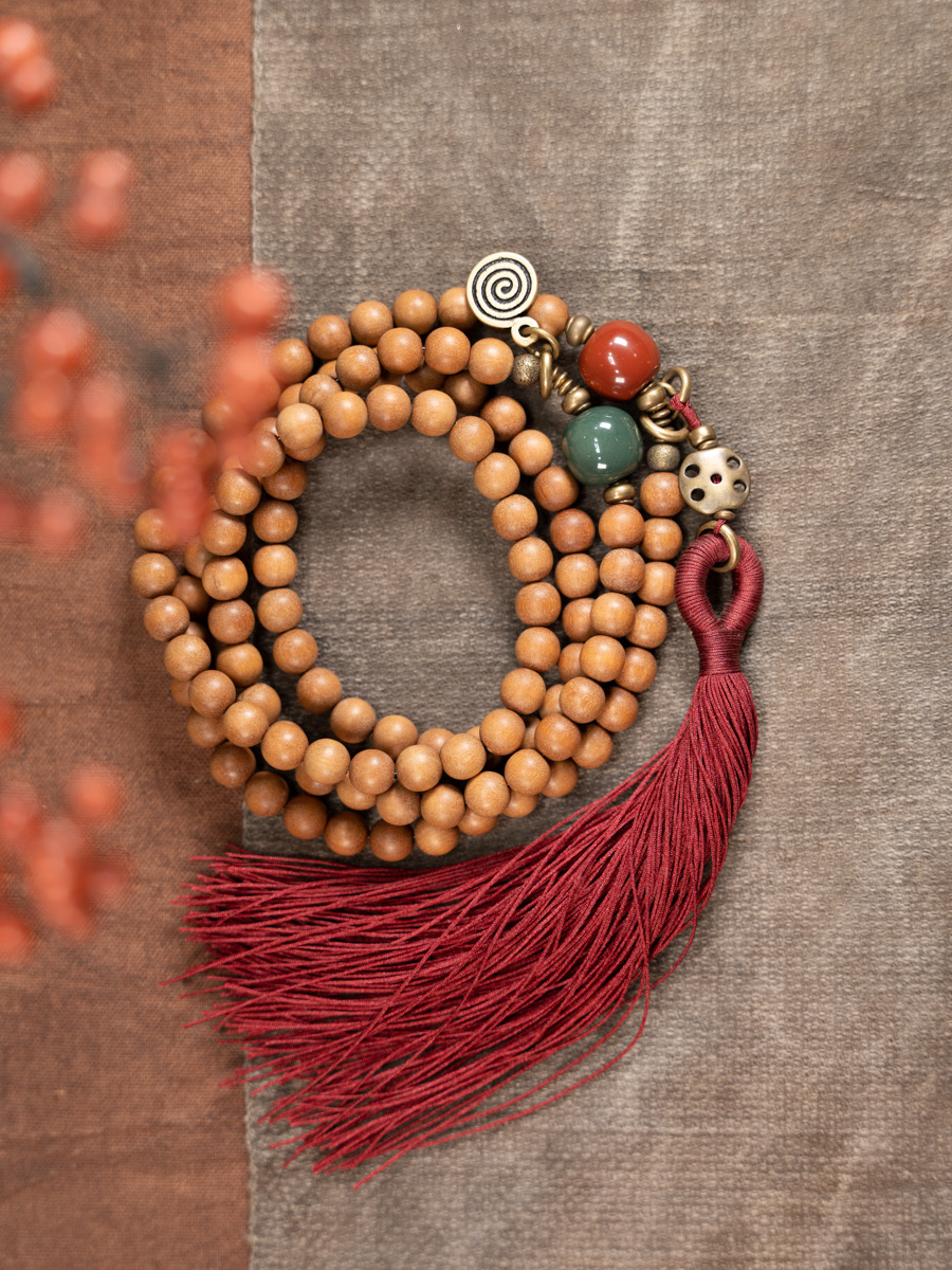 Personalized 108 Beads Sandalwood Necklace and Tassel Bracelet Set for Women - Unique Prayer Bead Jewelry