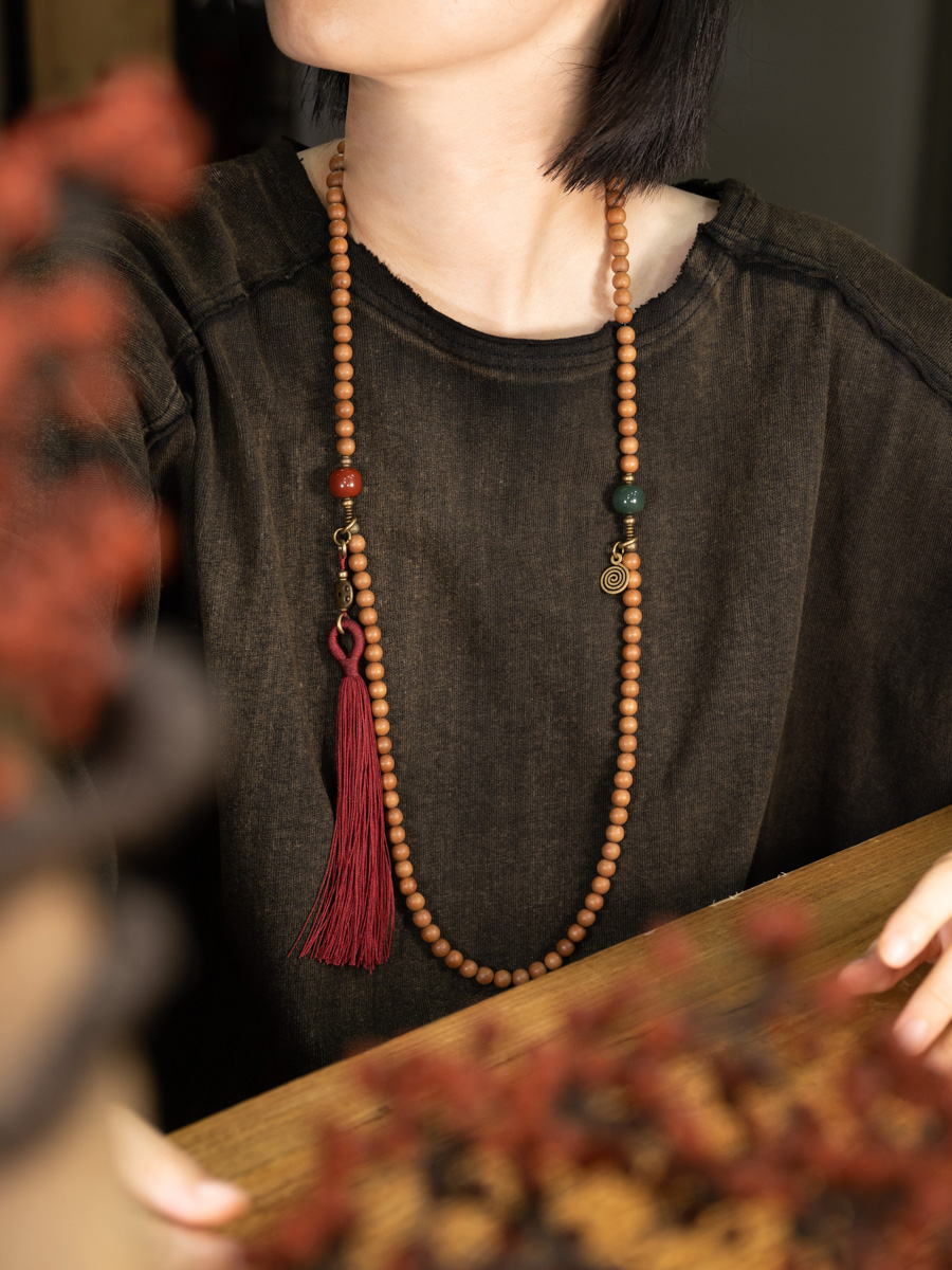 Personalized 108 Beads Sandalwood Necklace and Tassel Bracelet Set for Women - Unique Prayer Bead Jewelry