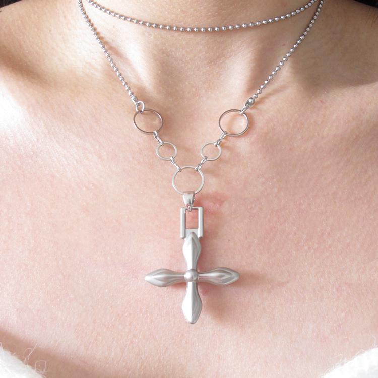 Personalized Punk Cross Necklace in Titanium Steel - Hip-Hop Fashion Collarbone Chain for Trendy Girls, Cool Wilderness Style