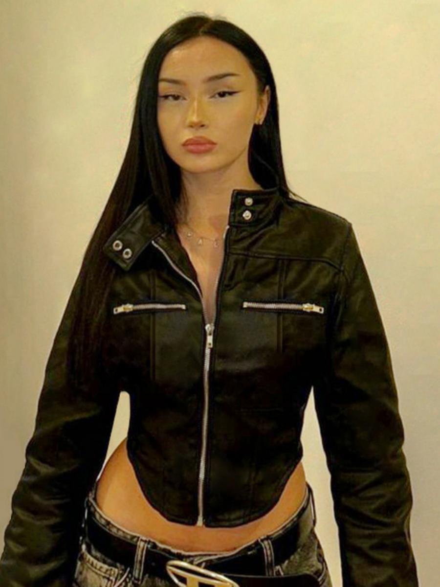 Personalized Street Style Short Irregular Arc Hem Jacket for Women - Functional Zip-Up Motorcycle Coat for Hot Girls