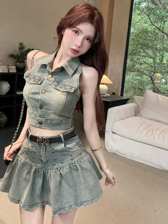 Petite and Tall Summer Denim Skirt Two-Piece Set - Unique Hong Kong Style, Age-Reducing Spicy Girl Look, Trendy Summer Fashion Petite and Tall Summer Denim Skirt Two-Piece Set - Unique Hong Kong Style, Age-Reducing Spicy Girl Look, Trendy Summer Fashion