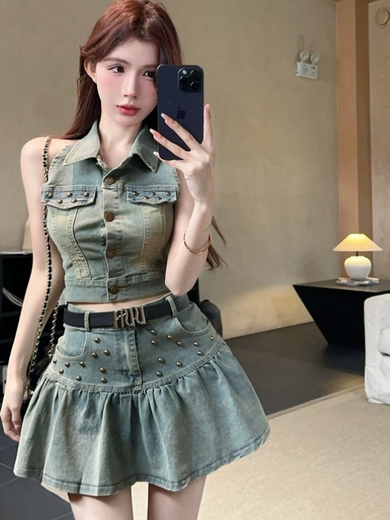 Petite and Tall Summer Denim Skirt Two-Piece Set - Unique Hong Kong Style, Age-Reducing Spicy Girl Look, Trendy Summer Fashion