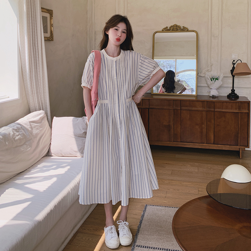 Petite Blue Striped Shirt Dress - Sweet Age-Reducing Casual Summer Dress for Women, Trendy and Stylish for Effortless Chic Looks