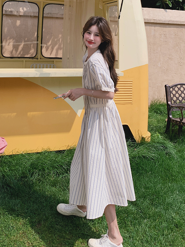 Petite Blue Striped Shirt Dress - Sweet Age-Reducing Casual Summer Dress for Women, Trendy and Stylish for Effortless Chic Looks