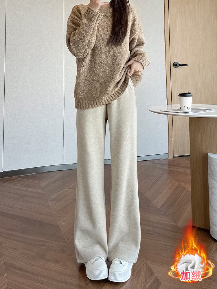 Petite Casual Rice Grain Flared Pants for Women - Plush Loose Straight Leg Ankle-Length Trousers for Autumn and Winter Fashion