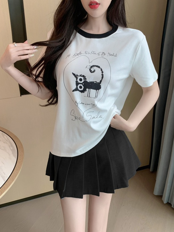 Petite College Style Short Sleeve T-Shirt & Pleated Skirt Set - Youthful 2025 Fashion, Trendy Casual Outfit for Summer