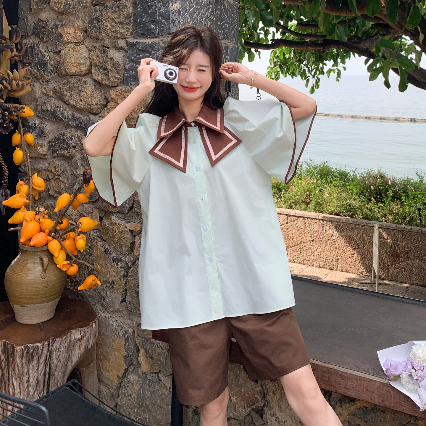 Petite Color-Blocking Two-Piece Set for Women - Butterfly Collar Shirt & Shorts - Summer 2025 Fashion