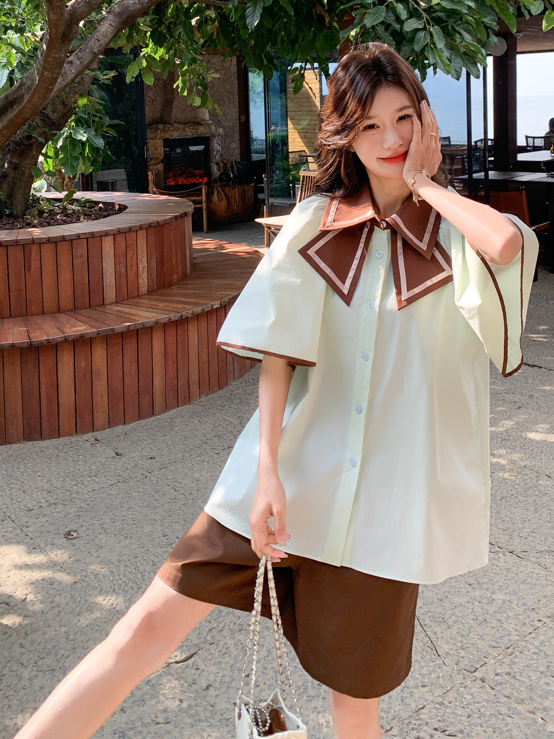 Petite Color-Blocking Two-Piece Set for Women - Butterfly Collar Shirt & Shorts - Summer 2025 Fashion