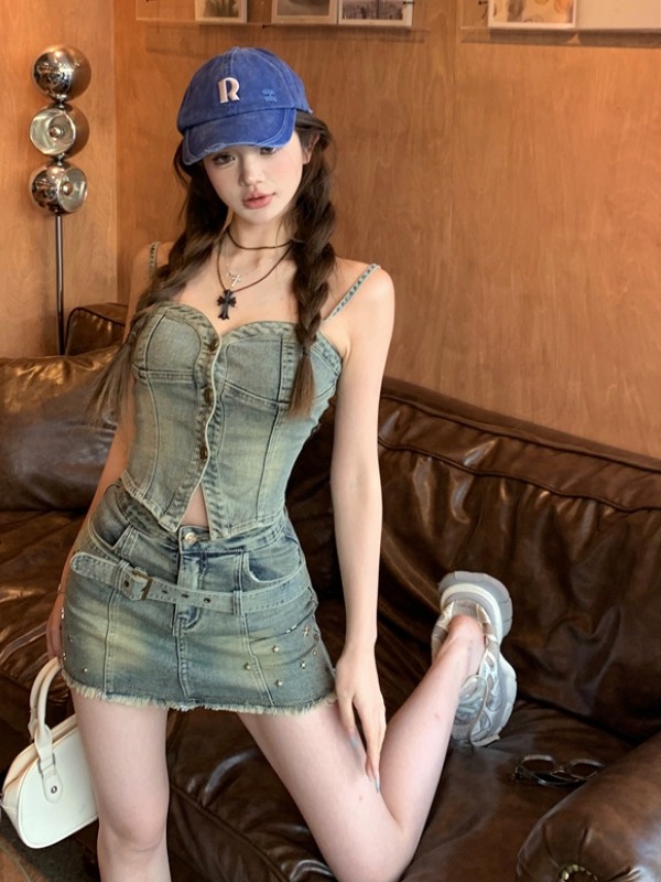 Petite Denim Strapless Top and Skirt Set - Trendy 2025 Summer Two-Piece Outfit for Stylish Looks