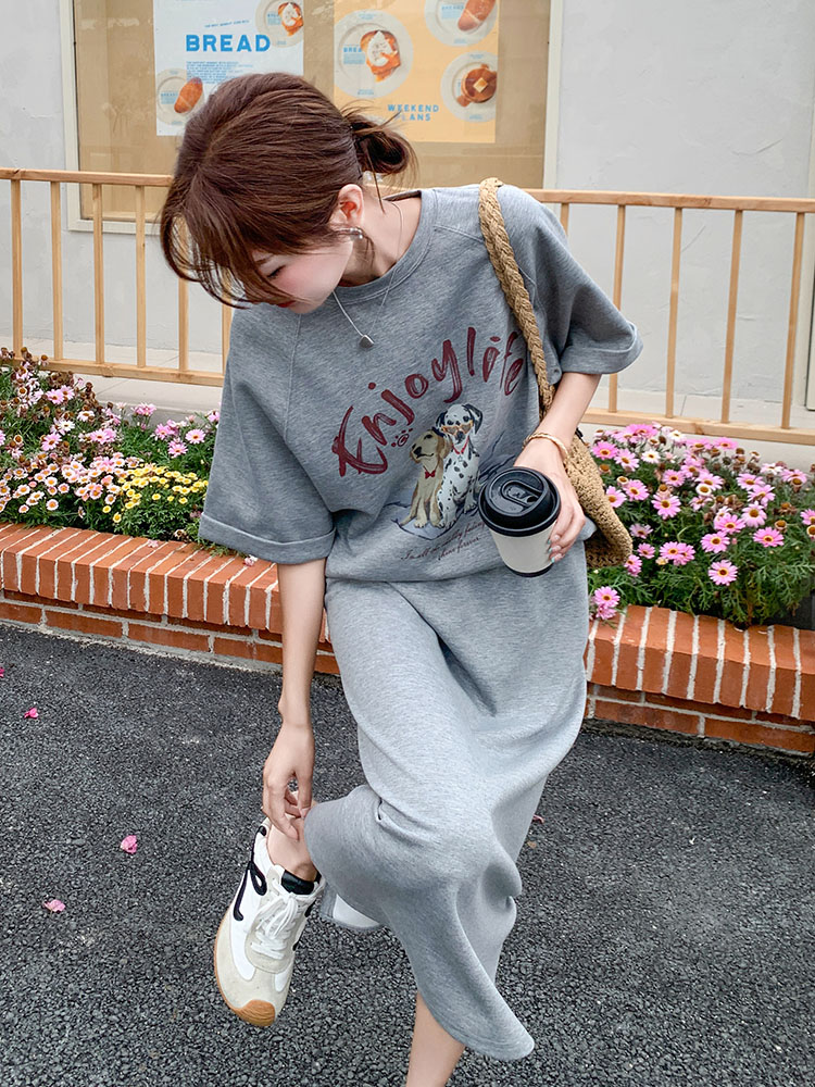 Petite Dog Print T-Shirt and Skirt Set for Women, Loose-Fit Two-Piece Outfit, 2025 Summer Style, Cute Age-Reducing Look