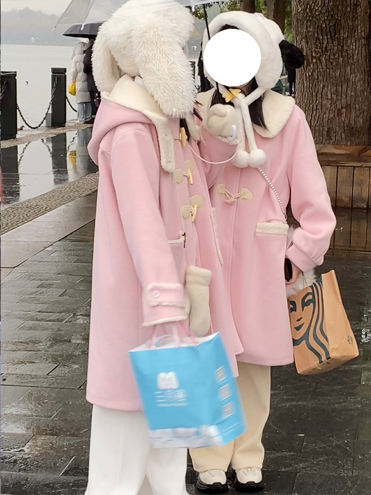 Petite JK Uniform Hooded Doll Collar Toggle Coat in Pink, Yellow, Black - Woolen with Cotton Blend - Trendy 90s Style