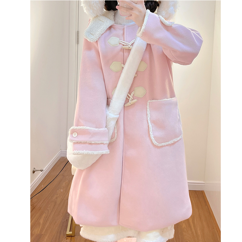 Petite JK Uniform Hooded Doll Collar Toggle Coat in Pink, Yellow, Black - Woolen with Cotton Blend - Trendy 90s Style