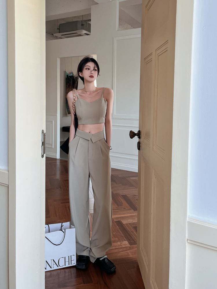 Petite Off-Shoulder Camisole & Casual Suit Pants Two-Piece Set - Stylish Outfit for Women, Perfect for 90s and Y2K Fashion Lovers