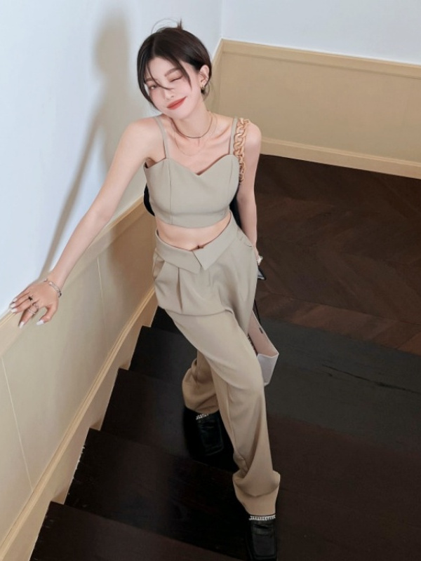 Petite Off-Shoulder Camisole & Casual Suit Pants Two-Piece Set - Stylish Outfit for Women, Perfect for 90s and Y2K Fashion Lovers