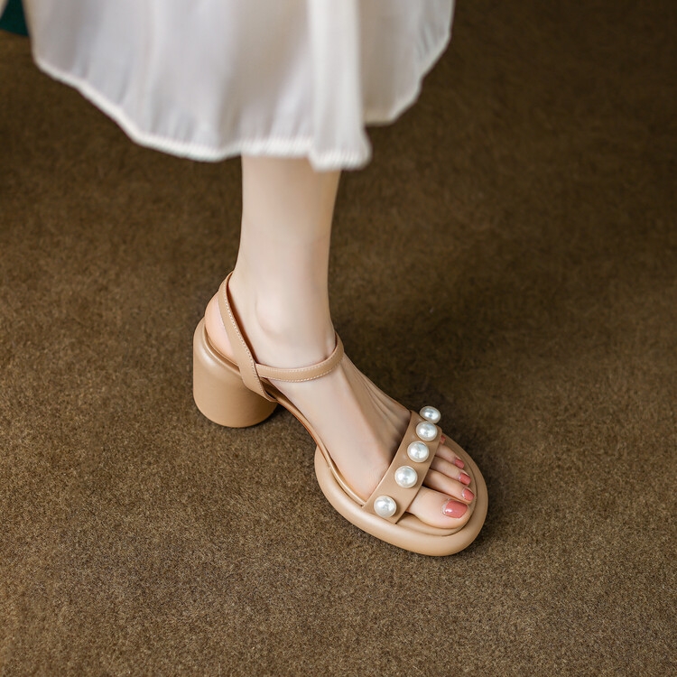 Petite Open-Toe Chunky-Heeled Waterproof Platform Sandals with Pearl Detail - Versatile Genuine Leather Fairy Style High Heels Petite Open-Toe Chunky-Heeled Waterproof Platform Sandals with Pearl Detail - Versatile Genuine Leather Fairy Style High Heels