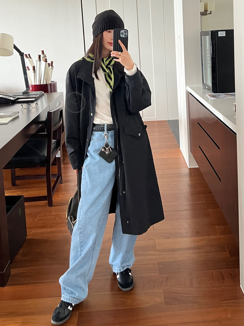 Petite Oversized Multi-Pocket Parka Windbreaker Coat for Women, High-End Black Mid-Length Outerwear, Y2K Fashion