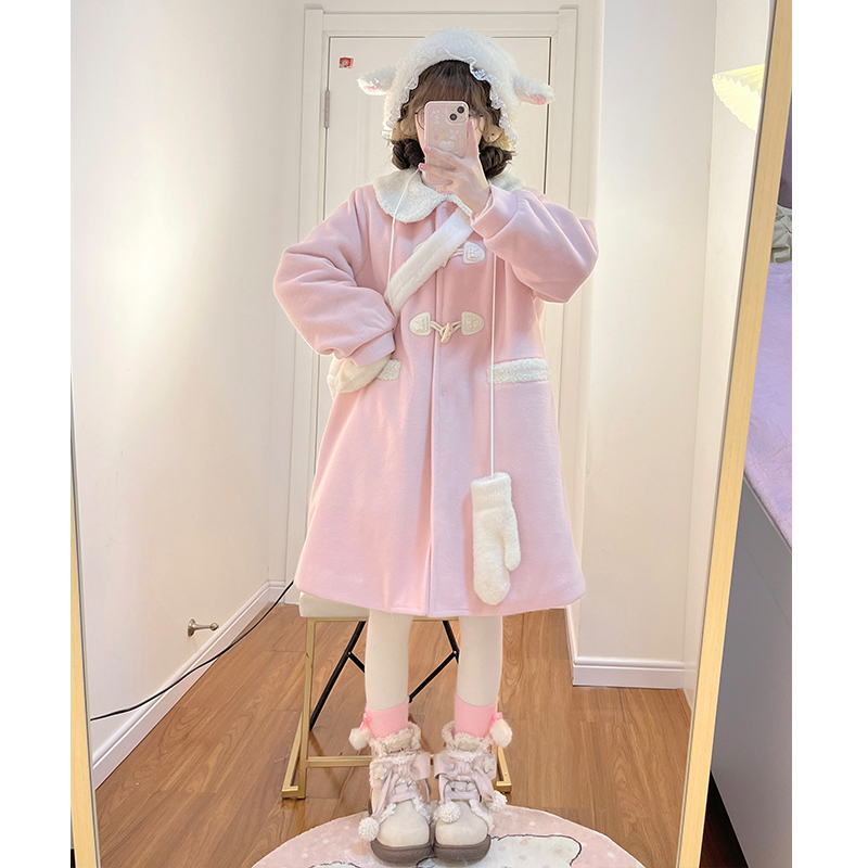 Petite Pink Woolen Coat with Doll Collar & Horn Buttons - 2025 JK Uniform Style, Cute Pudding Bear Design