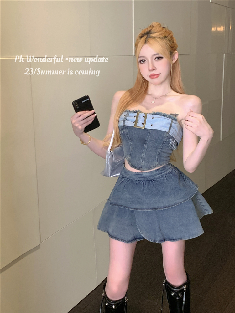 Petite Summer Outfit Set - Trendy Strapless Denim Mini Skirt & Chic Two-Piece Ensemble for Stylish Looks