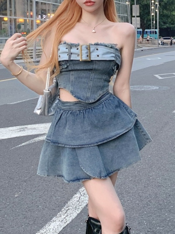 Petite Summer Outfit Set - Trendy Strapless Denim Mini Skirt & Chic Two-Piece Ensemble for Stylish Looks
