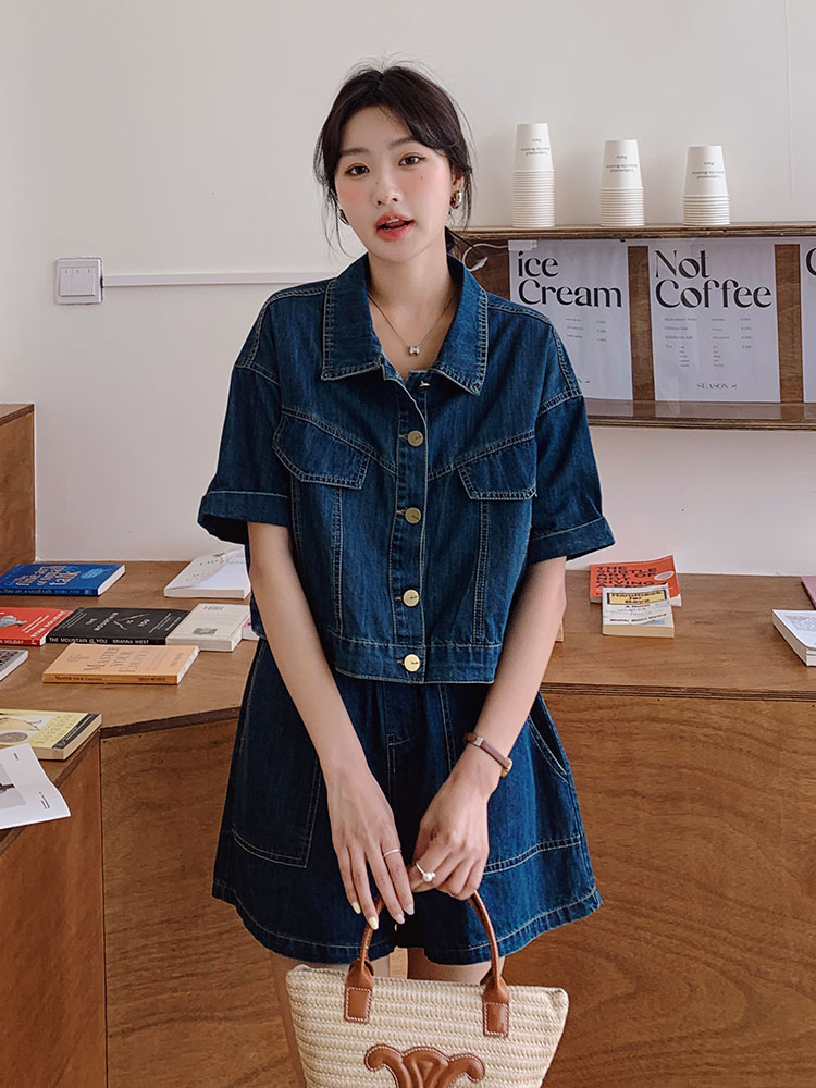 Petite Women's 2025 Summer Korean Style Short-Sleeve Denim Jacket and Wide-Leg Shorts Two-Piece Set