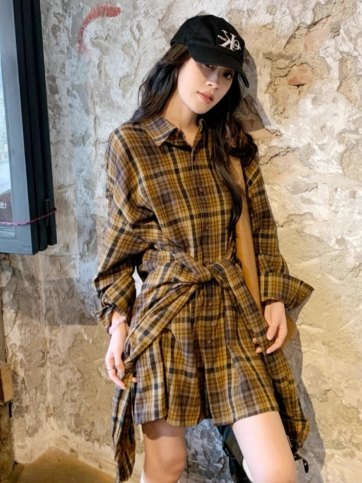 Petite Women's American Retro Striped Color-Blocking Shirt Dress, Stylish Loose-Fitting Casual Mini Dress for a Youthful Look