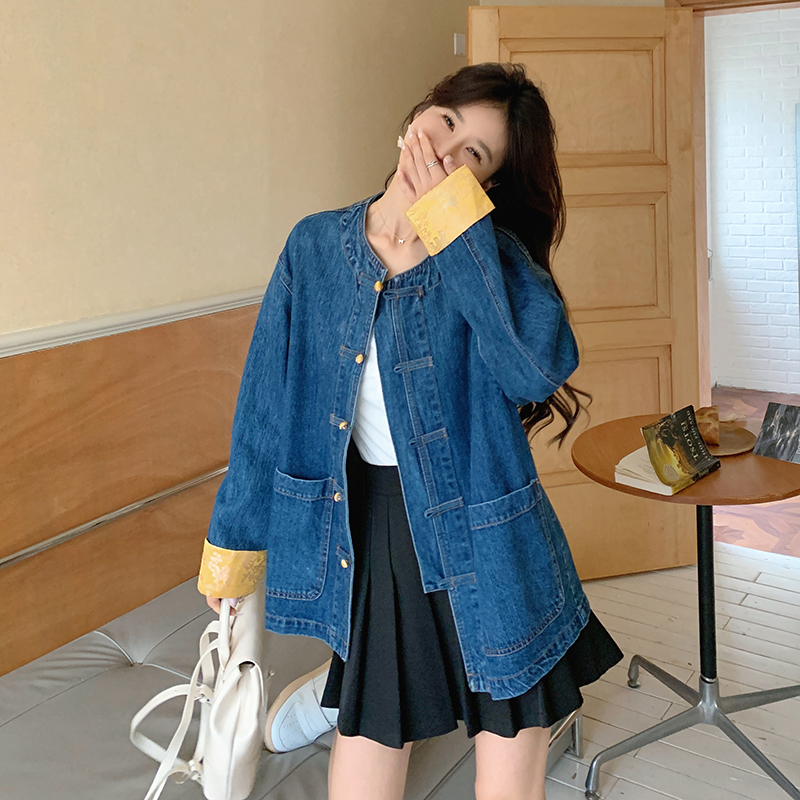 Petite Women's Light Blue Denim Jacket - Stylish Chinese-Style National Wind Design for Spring Fashion