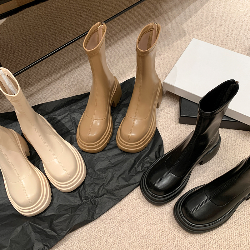 Petite Women's Waterproof High-Heeled Ankle Boots - Autumn/Winter Platform Style, Thick-Soled Elastic Design for Comfort Petite Women's Waterproof High-Heeled Ankle Boots - Autumn/Winter Platform Style, Thick-Soled Elastic Design for Comfort