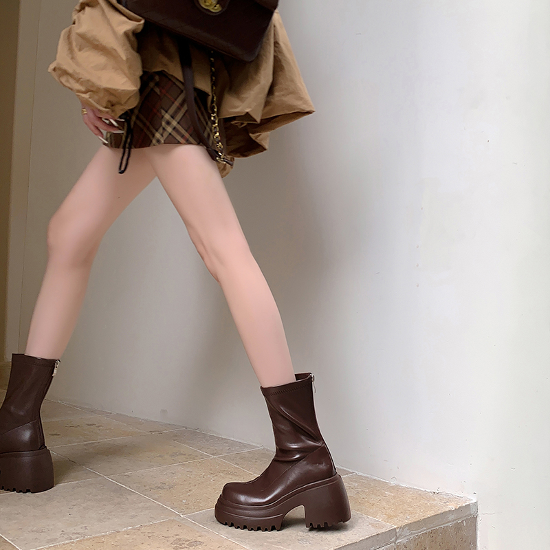 Petite Women's Waterproof High-Heeled Ankle Boots - Autumn/Winter Platform Style, Thick-Soled Elastic Design for Comfort