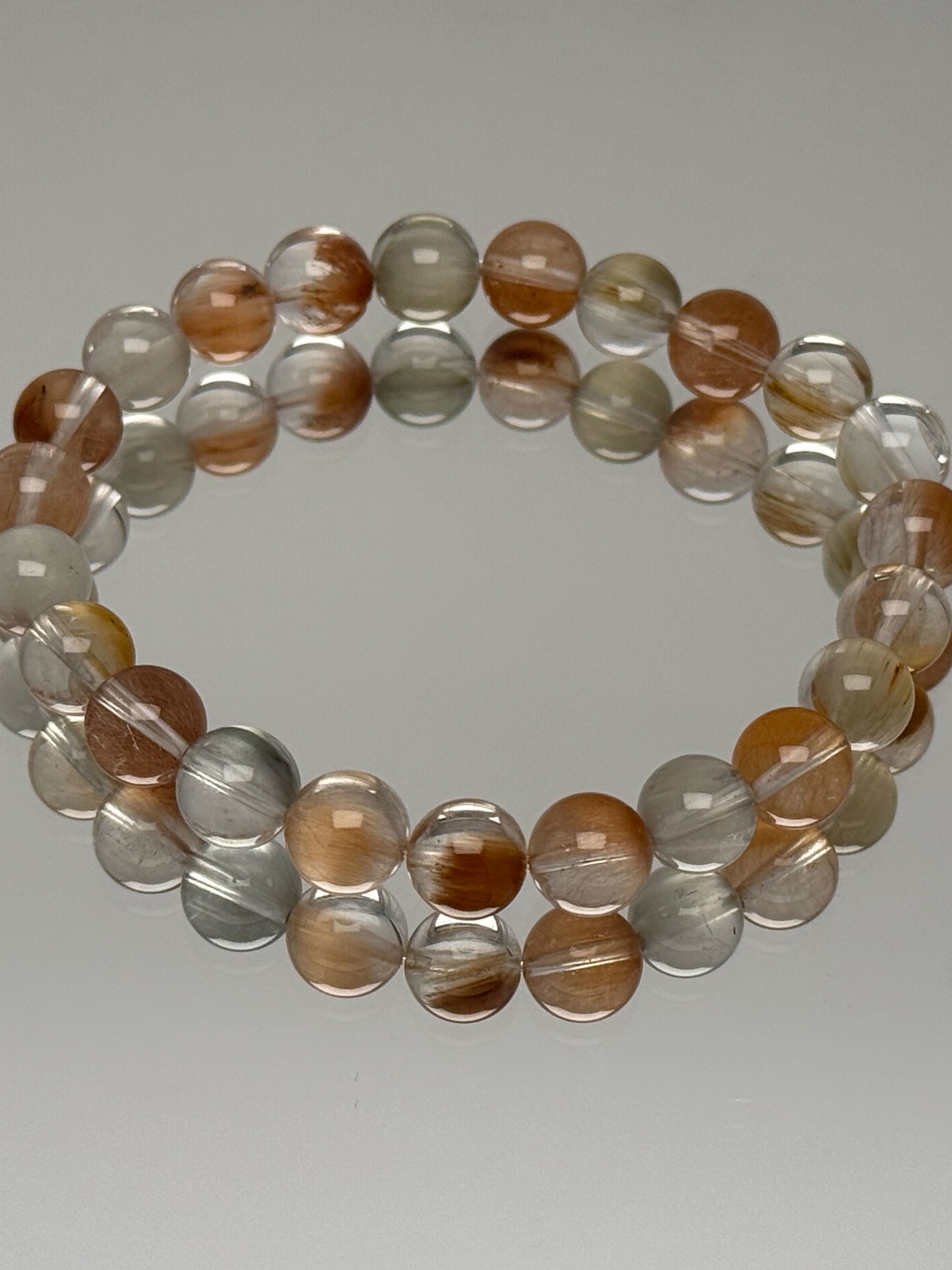 Phoenix Tail Pattern Rabbit Hair Crystal Bracelet with Brushed Pink and Gray Loose Beads - Natural Bohemian Style Jewelry