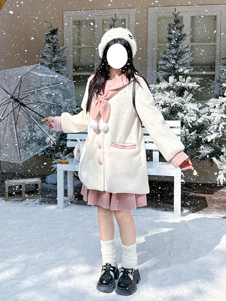 Pink and White Woolen JK Uniform Set with Navy Collar - Pudding Bear Inspired Autumn Winter Top 2025 Pink and White Woolen JK Uniform Set with Navy Collar - Pudding Bear Inspired Autumn Winter Top 2025