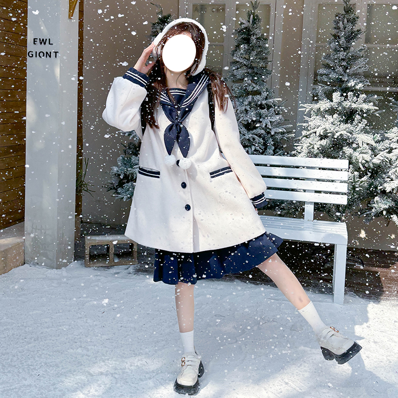 Pink and White Woolen JK Uniform Set with Navy Collar - Pudding Bear Inspired Autumn Winter Top 2025