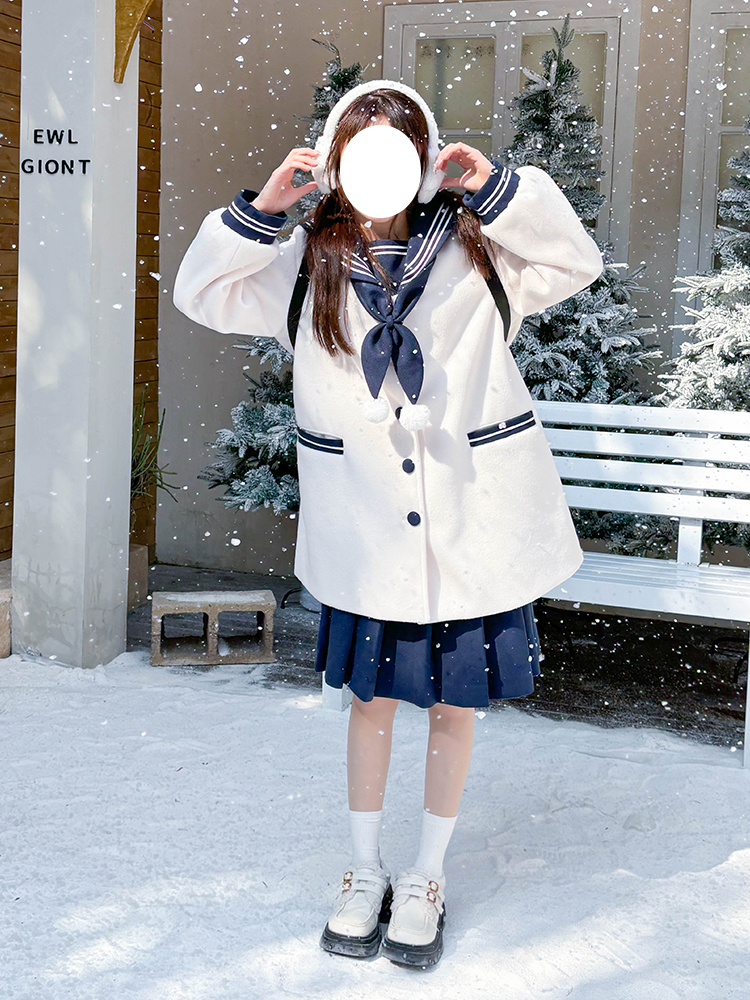 Pink and White Woolen JK Uniform Set with Navy Collar - Pudding Bear Inspired Autumn Winter Top 2025 Pink and White Woolen JK Uniform Set with Navy Collar - Pudding Bear Inspired Autumn Winter Top 2025