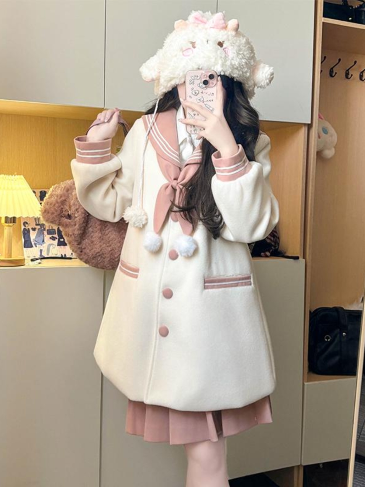 Pink and White Woolen JK Uniform Set with Navy Collar - Pudding Bear Inspired Autumn Winter Top 2025