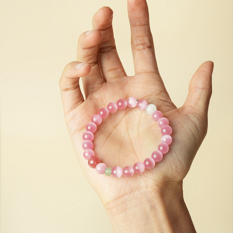 Pink Cat Eye Stone Bracelet for Women, Light Luxury Beaded Hand Accessory, Perfect Birthday Gift, Niche Design for Trendy Style Pink Cat Eye Stone Bracelet for Women, Light Luxury Beaded Hand Accessory, Perfect Birthday Gift, Niche Design for Trendy Style