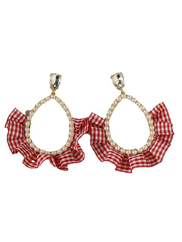 Pink Checkered Pastoral Pearl Water Drop Earrings - Cute and Elegant Lady Studs for Fashionable Outfits Pink Checkered Pastoral Pearl Water Drop Earrings - Cute and Elegant Lady Studs for Fashionable Outfits