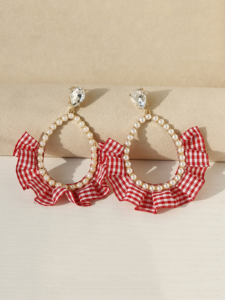 Pink Checkered Pastoral Pearl Water Drop Earrings - Cute and Elegant Lady Studs for Fashionable Outfits Pink Checkered Pastoral Pearl Water Drop Earrings - Cute and Elegant Lady Studs for Fashionable Outfits