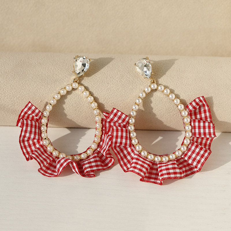 Pink Checkered Pastoral Pearl Water Drop Earrings - Cute and Elegant Lady Studs for Fashionable Outfits