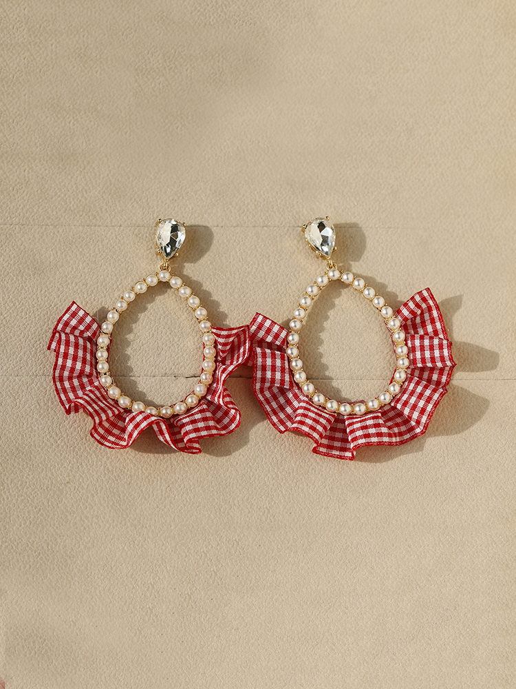 Pink Checkered Pastoral Pearl Water Drop Earrings - Cute and Elegant Lady Studs for Fashionable Outfits Pink Checkered Pastoral Pearl Water Drop Earrings - Cute and Elegant Lady Studs for Fashionable Outfits
