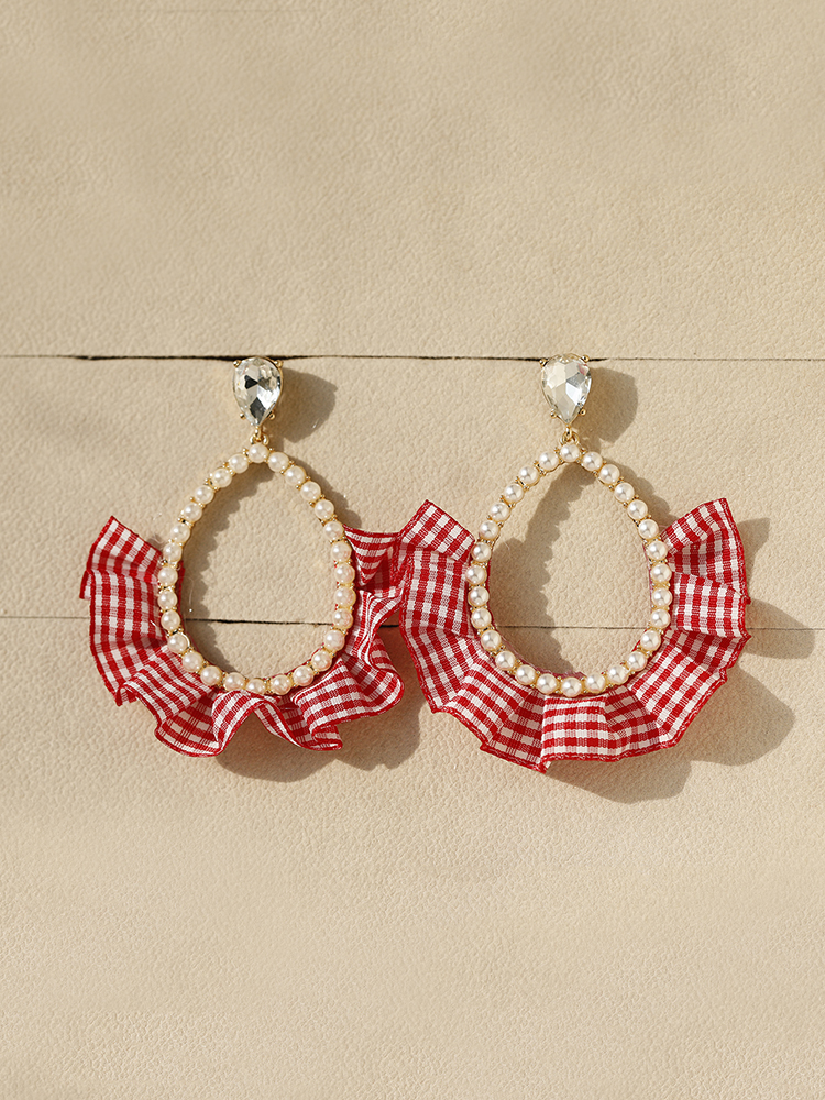 Pink Checkered Pastoral Pearl Water Drop Earrings - Cute and Elegant Lady Studs for Fashionable Outfits Pink Checkered Pastoral Pearl Water Drop Earrings - Cute and Elegant Lady Studs for Fashionable Outfits