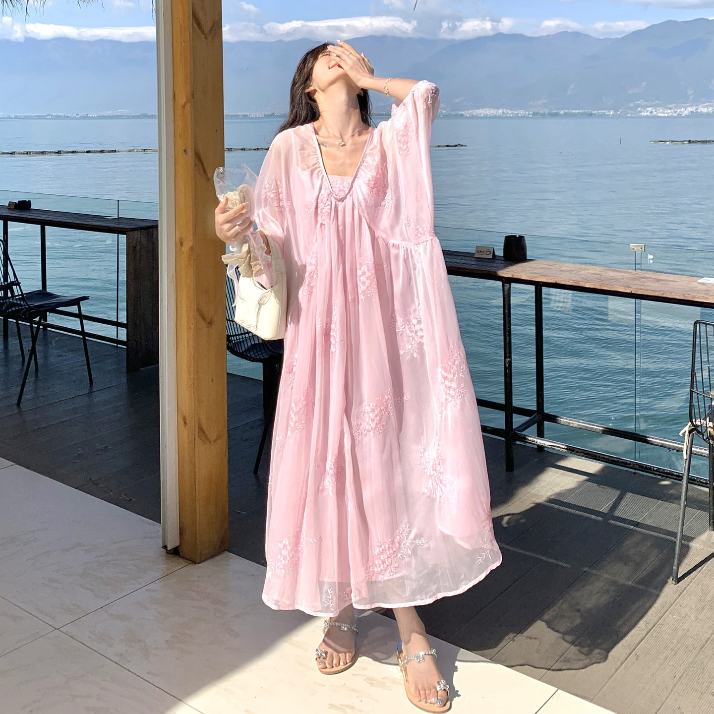 Pink Embroidered French Vacation Style Dress Set for Women - Summer 2025 Two-Piece Camisole Dress Outfit