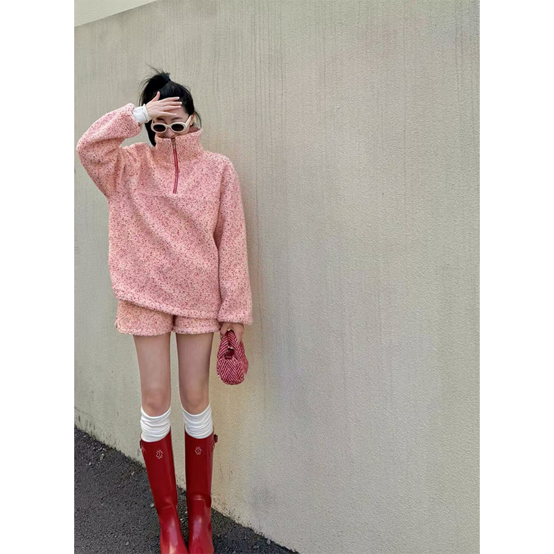 Pink Floral Half-High Collar Sweatshirt and Shorts Set for Women - Casual Spring Style, Loose Fit, Trendy 90s Inspired Look