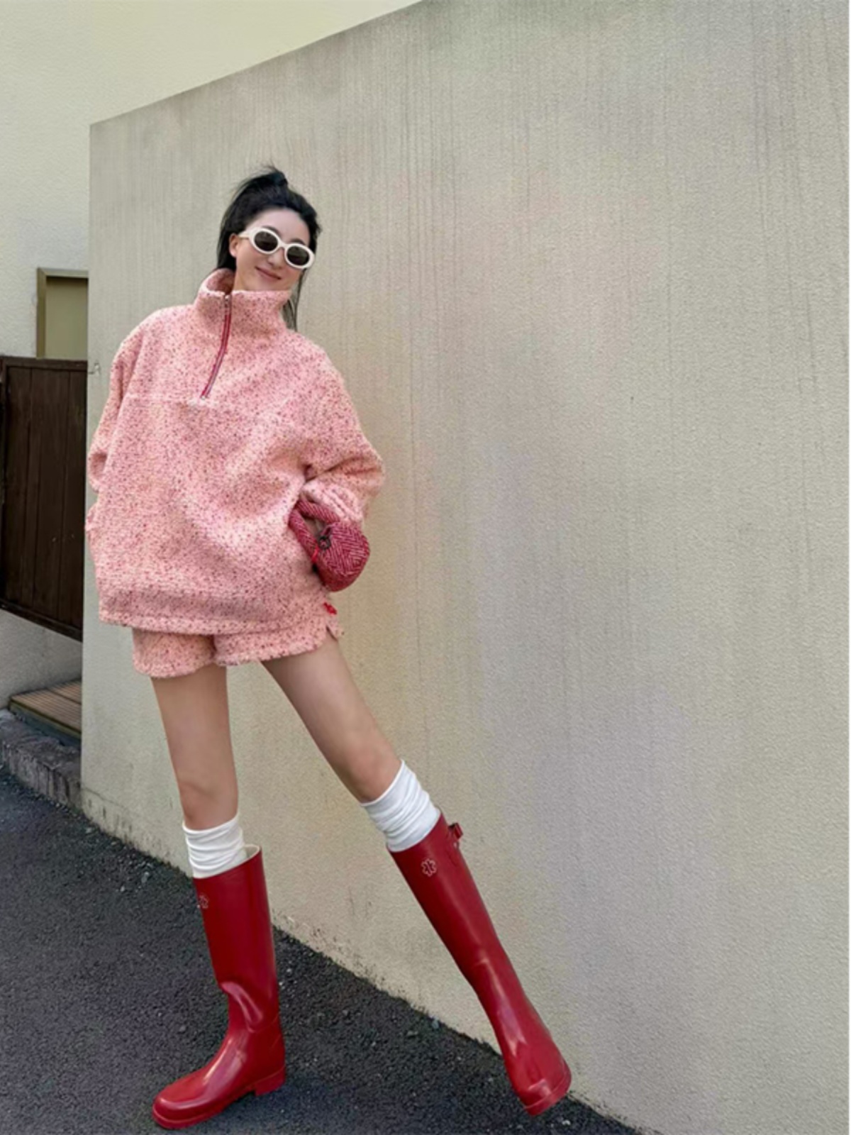 Pink Floral Half-High Collar Sweatshirt and Shorts Set for Women - Casual Spring Style, Loose Fit, Trendy 90s Inspired Look