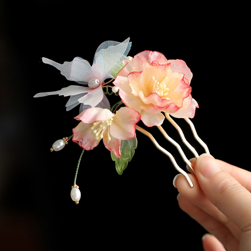 Pink Floral Hanfu Headdress Hair Comb with Butterfly Hairpin - Sweet Qipao Tang Style Hair Accessory for Girls