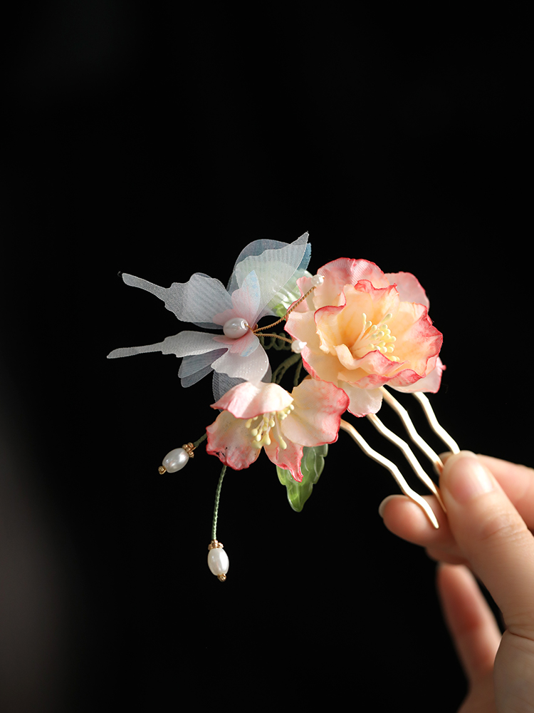 Pink Floral Hanfu Headdress Hair Comb with Butterfly Hairpin - Sweet Qipao Tang Style Hair Accessory for Girls Pink Floral Hanfu Headdress Hair Comb with Butterfly Hairpin - Sweet Qipao Tang Style Hair Accessory for Girls