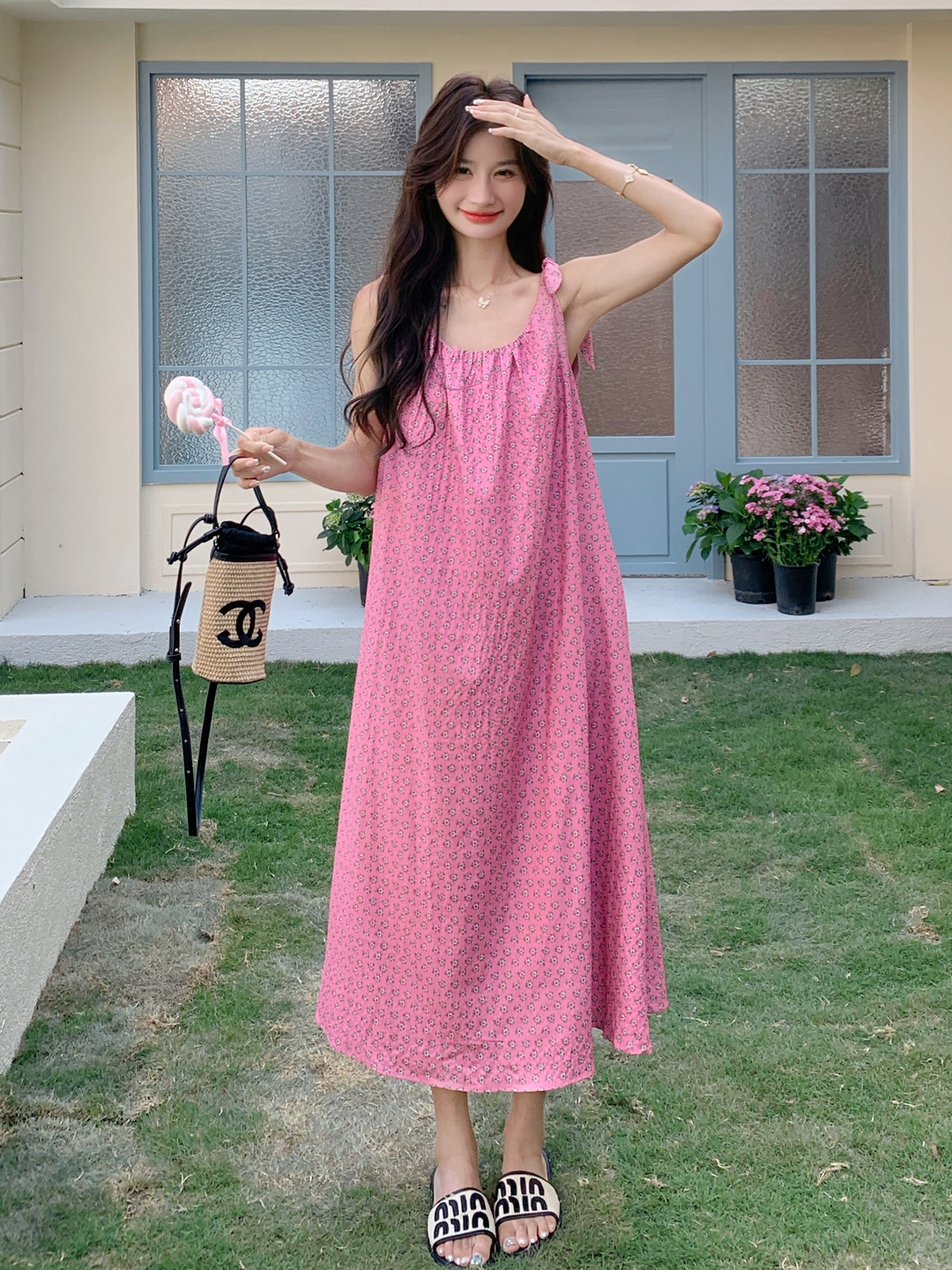 Pink Floral Sleeveless Strap Dress for Women - 2025 Summer Vacation Style, Gentle Seaside Look, Trendy Summer Fashion