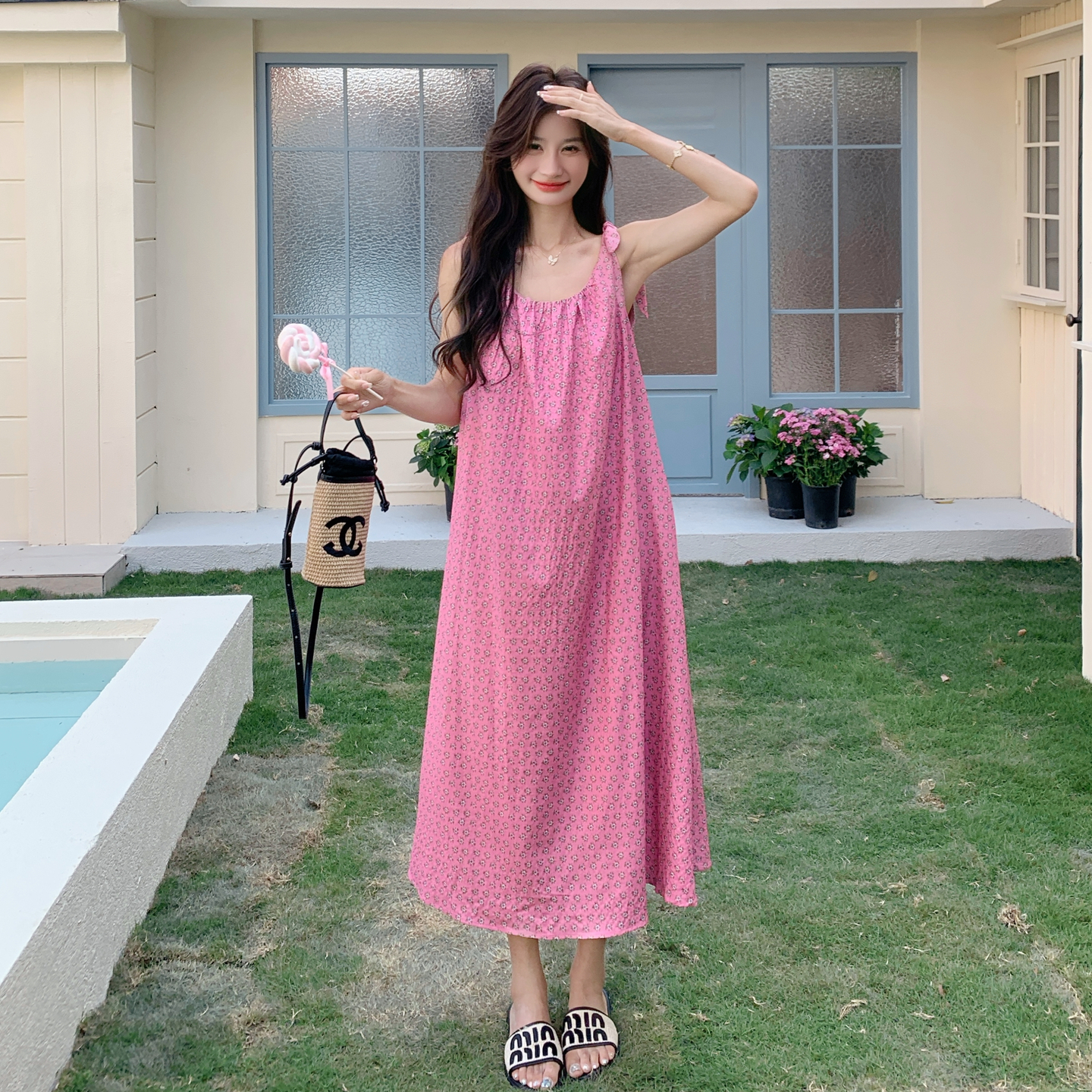 Pink Floral Sleeveless Strap Dress for Women - 2025 Summer Vacation Style, Gentle Seaside Look, Trendy Summer Fashion