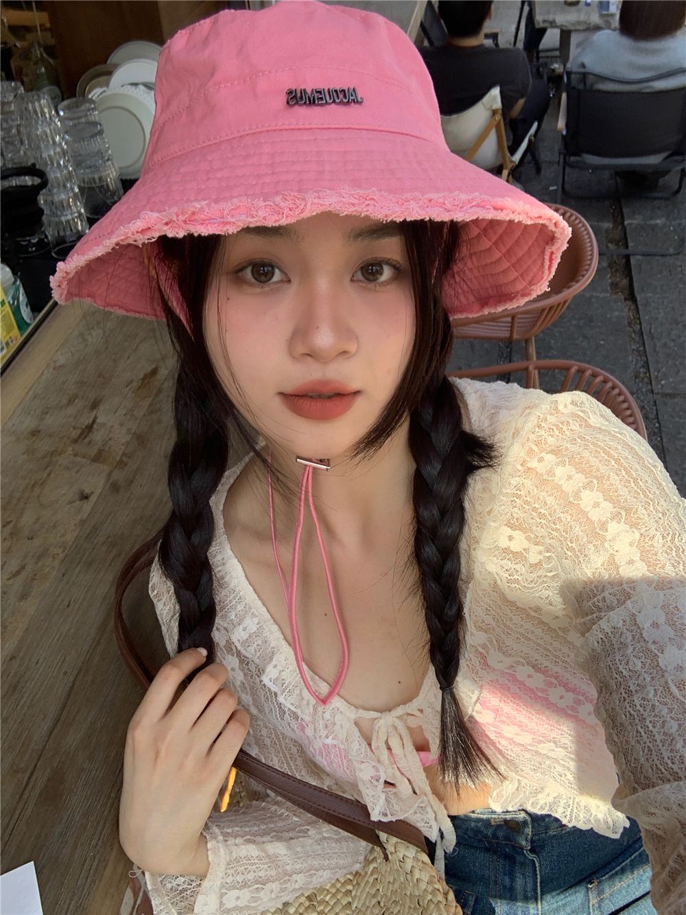 Pink Frayed Bucket Hat for Women - Summer Wide-Brimmed, Versatile Casual Windproof with Drawstring, Y2K Outdoor Hiking Hat