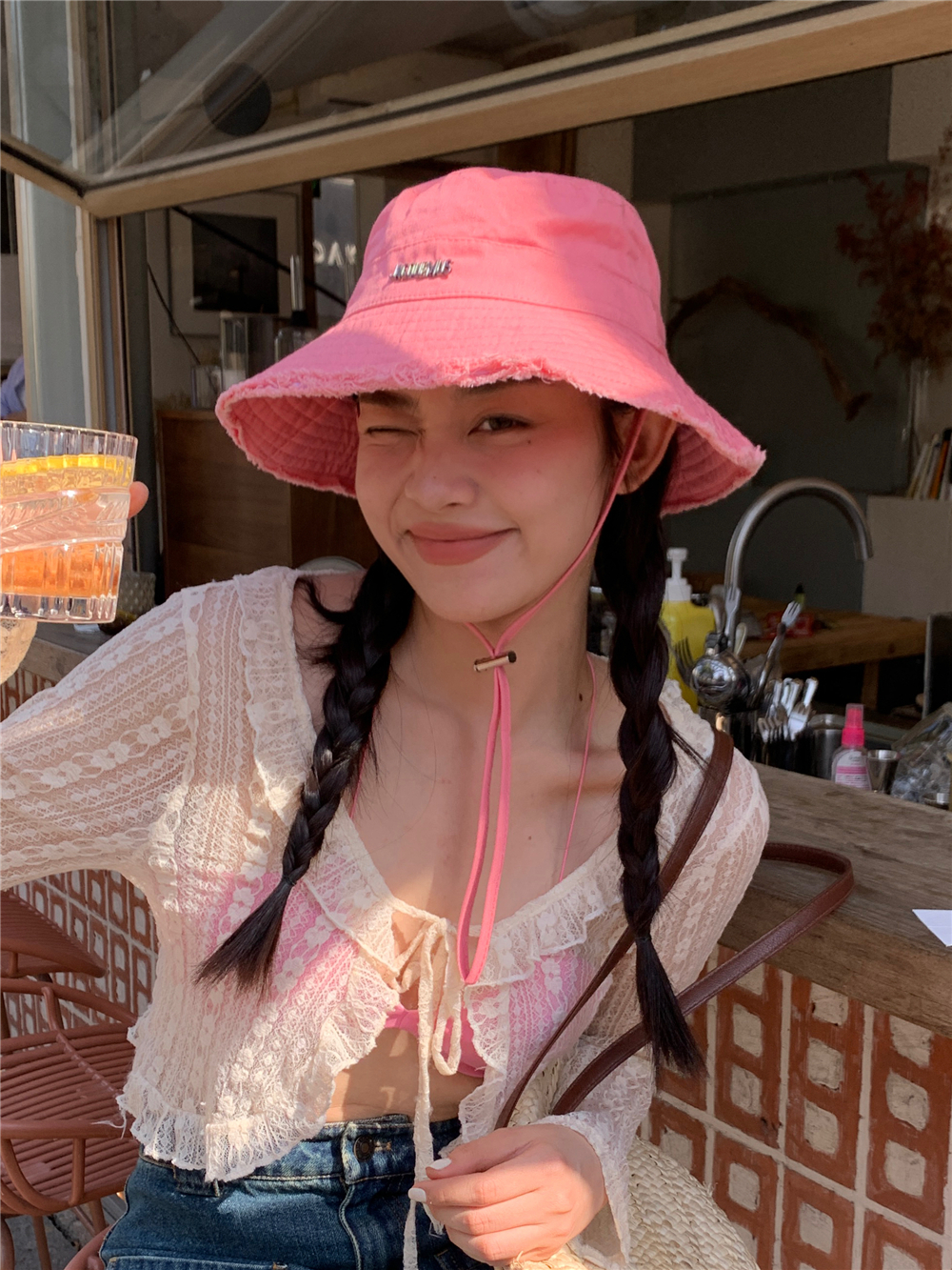 Pink Frayed Bucket Hat for Women - Summer Wide-Brimmed, Versatile Casual Windproof with Drawstring, Y2K Outdoor Hiking Hat Pink Frayed Bucket Hat for Women - Summer Wide-Brimmed, Versatile Casual Windproof with Drawstring, Y2K Outdoor Hiking Hat