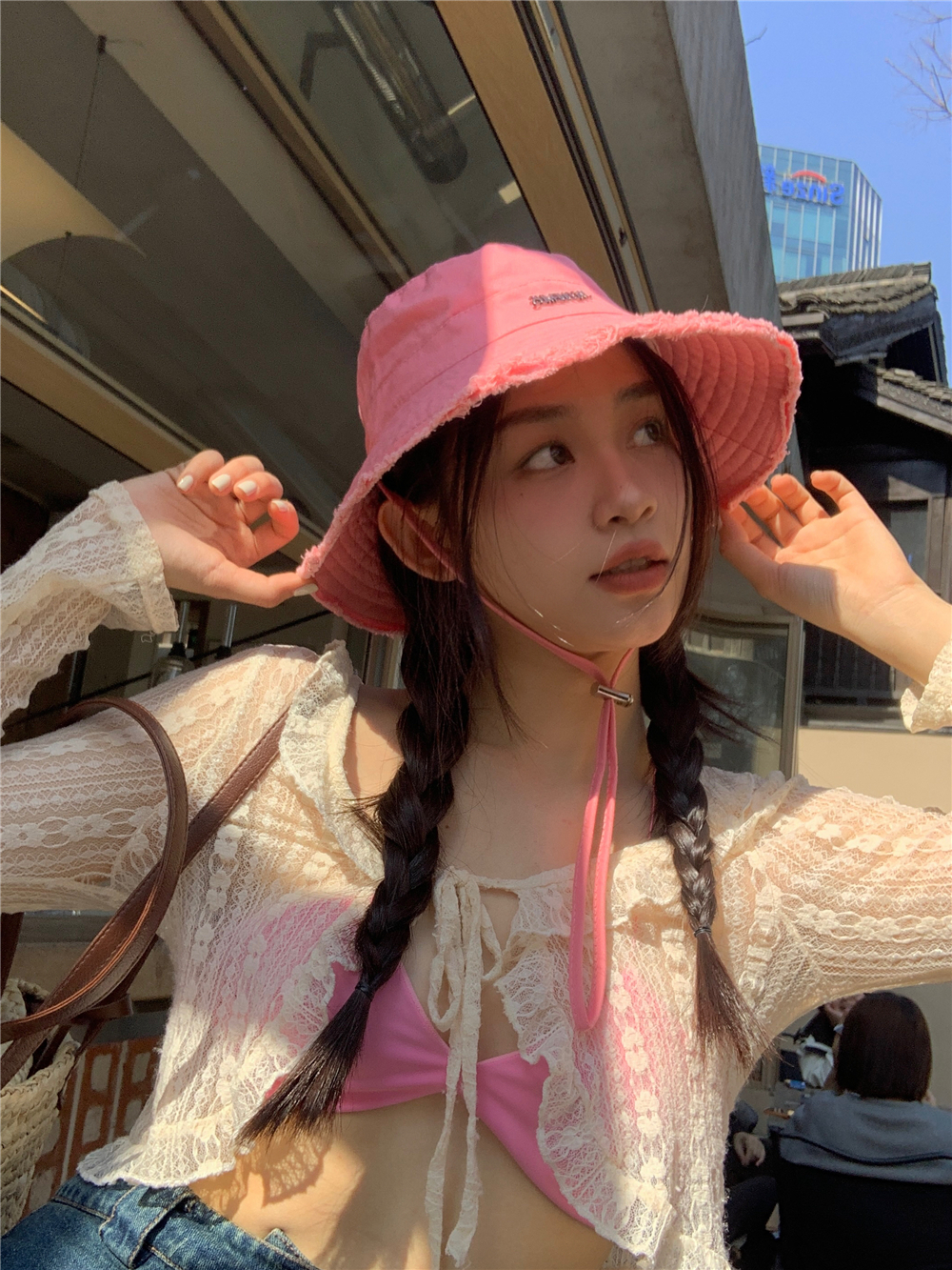 Pink Frayed Bucket Hat for Women - Summer Wide-Brimmed, Versatile Casual Windproof with Drawstring, Y2K Outdoor Hiking Hat Pink Frayed Bucket Hat for Women - Summer Wide-Brimmed, Versatile Casual Windproof with Drawstring, Y2K Outdoor Hiking Hat